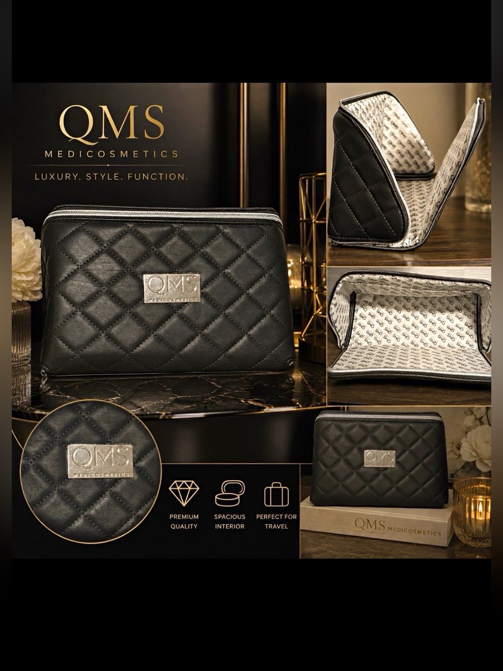QMS Medicosmetics Black Quilted Cosmetic Bag 20+ Samples NEW